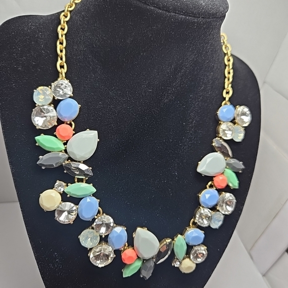 J Crew Crystal Gold Colorful Gemstone Collage Statement Bib Necklace - Picture 3 of 8